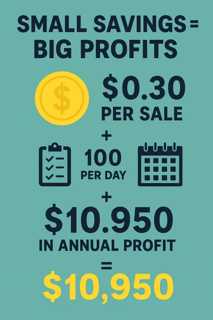 Infographic showing how a $0.30 saving per sale, at 100 sales per day, adds up to $10,950 in annual profit for a café.