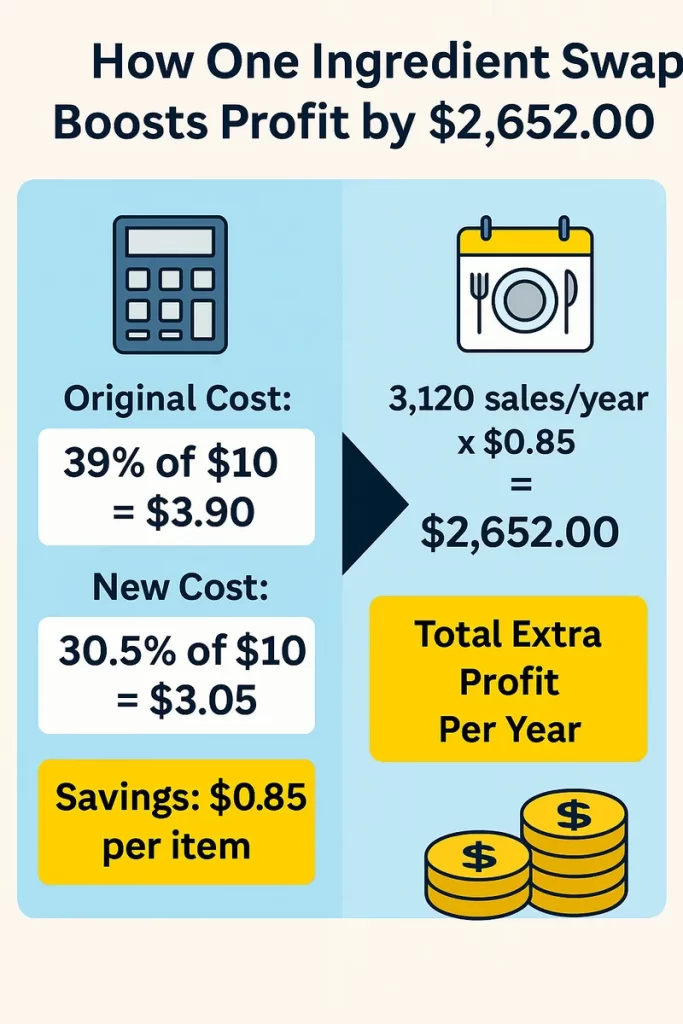 Infographic showing how lowering ingredient cost from $3.90 to $3.05 per item results in $2,652 extra profit per year at 3,120 sales.