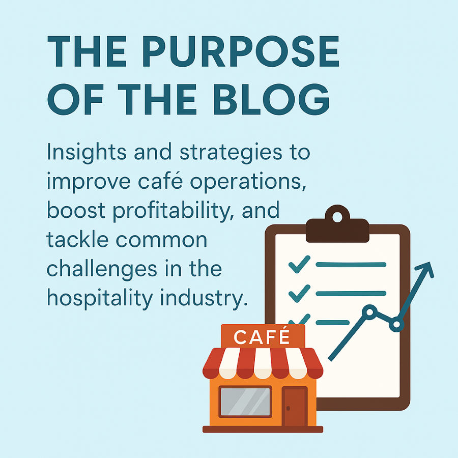 Infographic explaining the blog’s purpose: to provide insights and strategies for improving café operations, boosting profitability, and overcoming hospitality industry challenges.